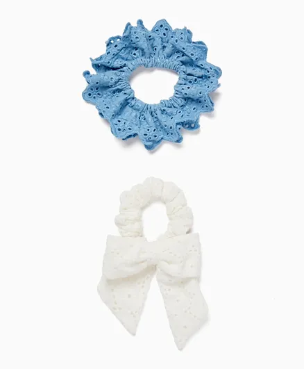 Zippy  Scrunchies With English Embroidery Blue & White - Pack of 2
