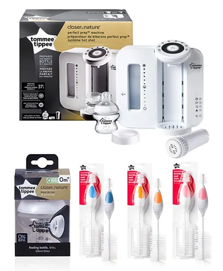Tommee Tippee Closer to Nature Perfect Prep Machine + Feeding Bottle & Teat Brush - White