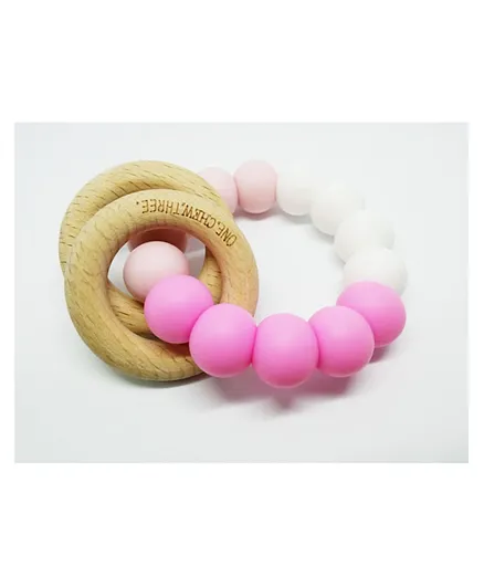 One.Chew.Three Wooden Silicone Rattle Duo Teether - Pink