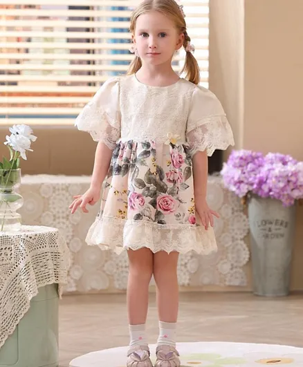 Smart Baby Floral Printed & Embroidered Dress  - Multicolor