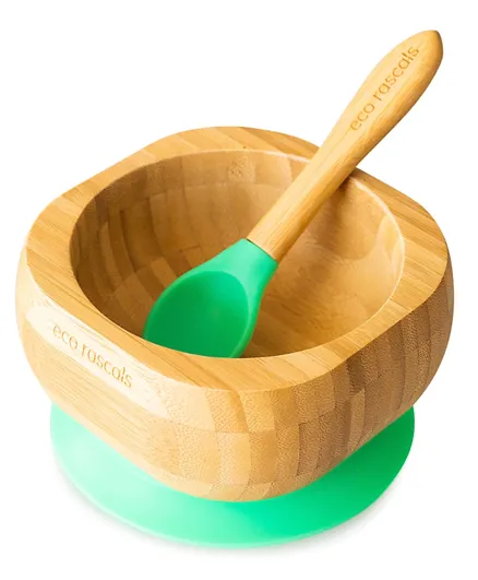 Eco Rascals Bamboo Bowl & Spoon Set  - Green