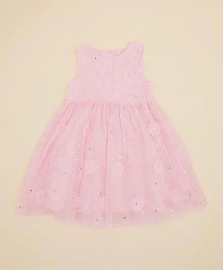 R&B Kids Sequin Detail 3D Floral Embellished Dress -Light Pink