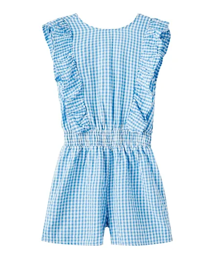 Name It All Over Checked Frill Sleeves Jumpsuit - Blue