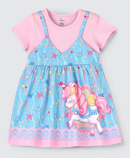 Babyqlo Unicorn Printed Dress With Tee - Pink And Blue