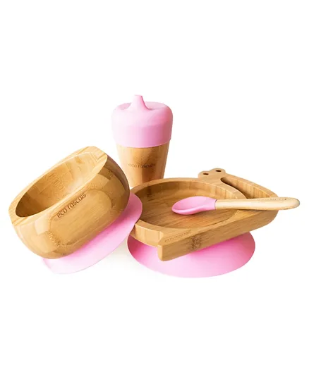 Eco Rascals Bamboo Snail Plate + Feeder Cup, Bowl & Spoon Combo - Pink