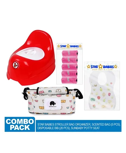 Star Babies Mega Pack Potty seat , disposable bibs pack of 20, stroller bag organizer, scented bag pack of 5 - Multicolor