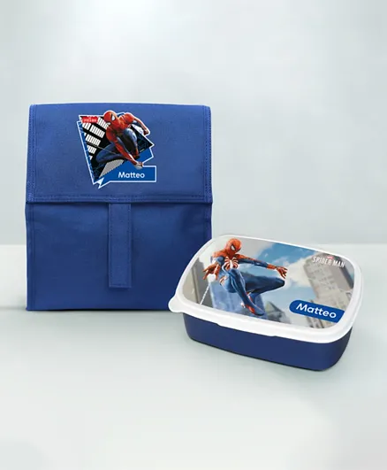 اسمك - مجموعة صندوق و حقيبة غداء قابلة للطي بنمط سبايدرمان - أزرق