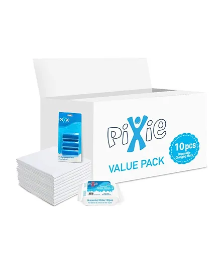 Pixie 10 Disposable Changing Mats with 36 Water Wipes & 60 Nappy Bags - Value Pack