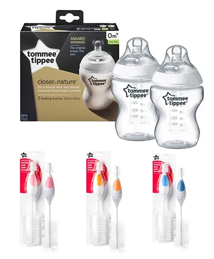 Tommee Tippee Closer to Nature Feeding Bottle 260 ml x 2 + Bottle & Teat Brush
