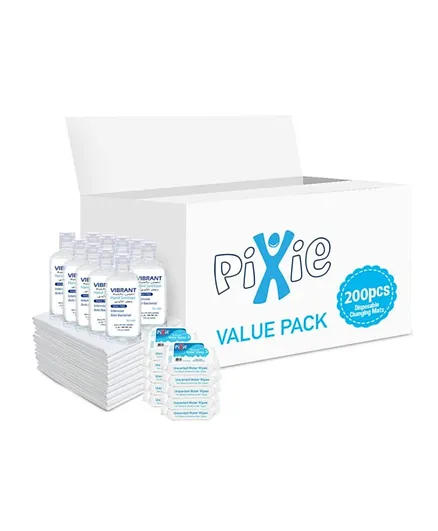 Pixie Disposable Changing Mats 200 + Water Wipes 360 Pieces + Vibrant Sanitizers 100ml x 10 - Value Pack
