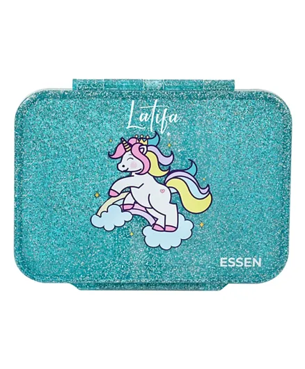 Essen Personalized Tritan Bento Lunch Box – Teal Glitter Unicorn