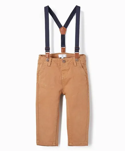 Zippy Solid Cotton Twill Trousers & Suspenders Set - Dark Beige