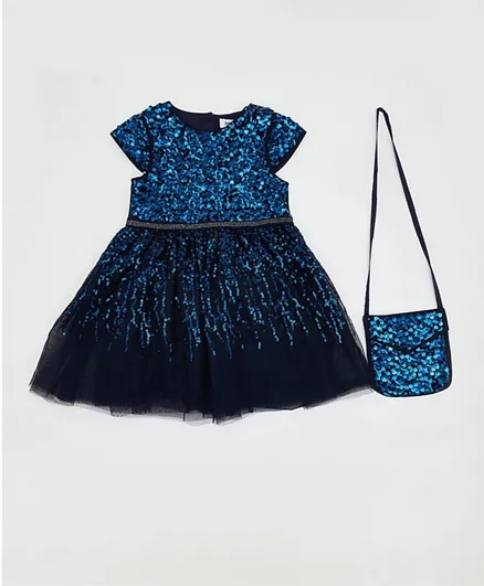 R&B Kids Floral A-Line Dress with a Bag - Navy Blue