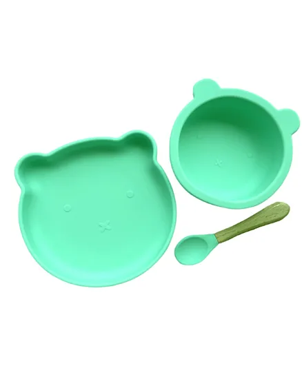 Bamboo Bark Silicone Baby Feeding Set Of Bowl, Plate & Spoon - Mint