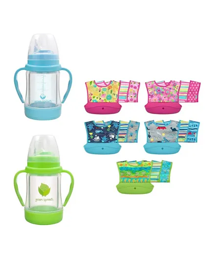 Green Sprouts Straw Cup made from Glass Aqua + Snap & Go Silicone Food-catcher Bib Aqua Pirate - 7 Pieces