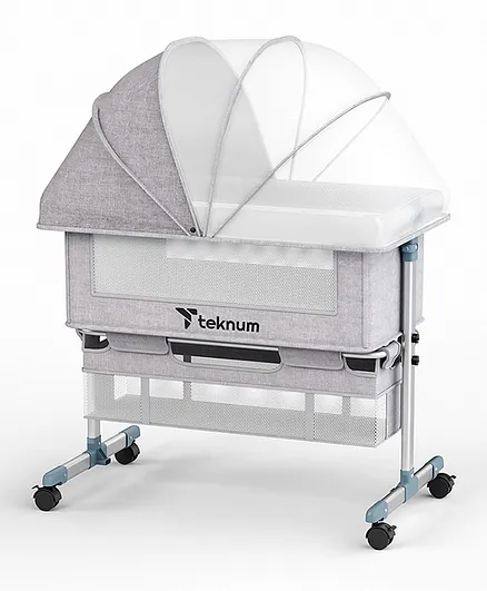 Teknum Grey Bedside Crib with Storage Basket, Adjustable Anti-Reflux 0-2Years, 97x62x25cm, Mosquito Net & Mattress Included