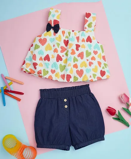 Smart Baby Heart Printed Crop Top With Shorts Set - Multicolor