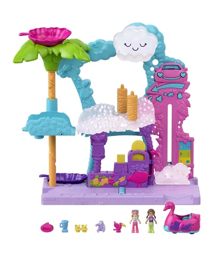 Polly Pocket Pollyville Flamingo Fun Car Wash With Micro Dolls Playset