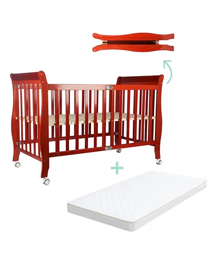 Moon Wooden Foldable Baby Crib + Crib Mattress - Brown & White