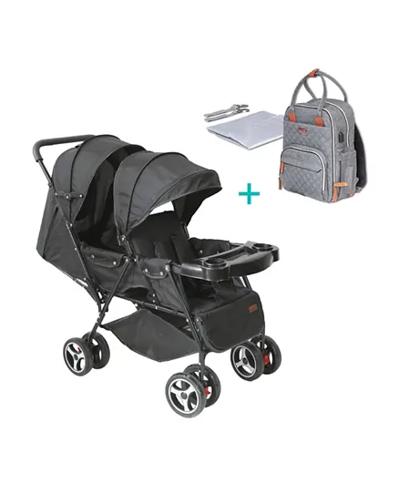 Moon Magnum Tandem Easy Fold Twin Stroller + NUTRA Diaper Backpack With Changing Mat & Purse - Black & Grey
