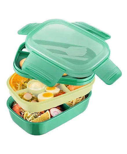 صندوق غداء للأطفال ليتل أنجل 3 طبقات مع أدوات مائدة - أخضر