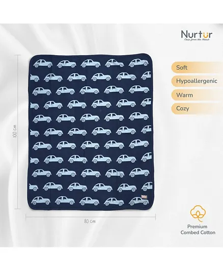 Nurtur 100% Cotton Knitted Baby Blanket Car - Blue