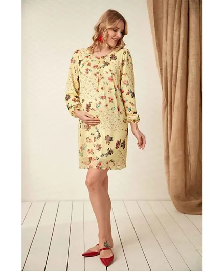 فستان بطبعة زهور للحوامل من بيلا ماما - أصفر فاتح