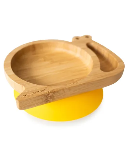 Eco Rascals Bamboo Suction Snail Plate for Kids 6M+, Non-Slip Silicone Base, Easy Clean - Yellow/Brown