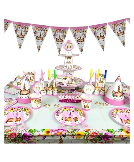 Brain Giggles Unicorn Theme Disposable Tableware for 10 People Party Set - 136 Pieces