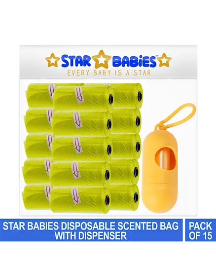 Star Babies Disposable Scented Bag Rolls Pack of 15 & Dispenser - Yellow