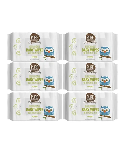 Pure Beginnings Biodegradable Organic Baby Wipes Pack Of 6 - 64 Each