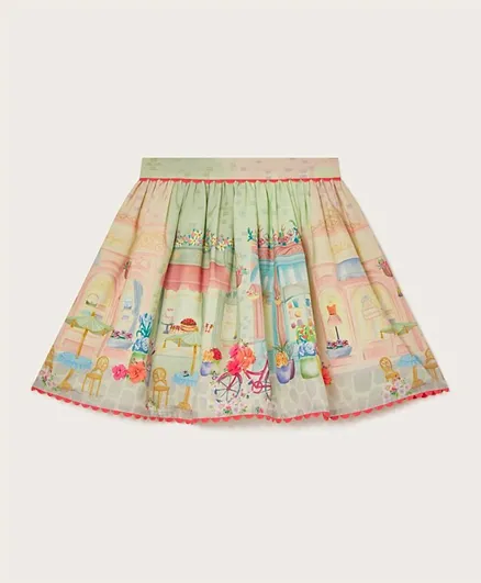 Monsoon Children All Over Town Scene Print & 3D Flowers Applique Skirt - Multi Color