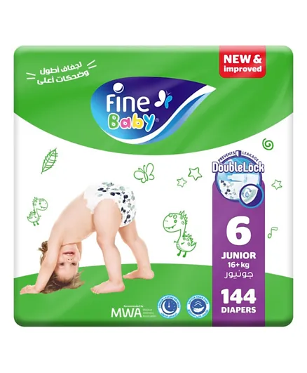 Fine Baby Diapers Mega Pack DoubleLock Technology Size 6 Junior Value Bundle Pack of 4 - 144 diaper count