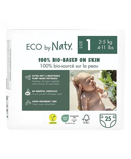 Naty Eco Diapers Size 1, 25 Pcs - Breathable Corn-Based Film, 2-5kg, FSC Certified, Fragrance-Free, Anti-Rash