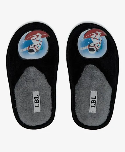 LBL by Shoexpress Plush Textured Slip On Bedroom Mules with Astronaut Applique Detail - Black