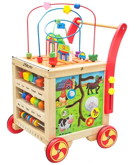 Factory Price Wooden Baby Walker Trolley with Maze and Activity Cube - Multicolour