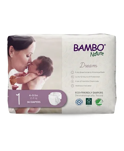 Bambo Nature Eco-Friendly Diapers, Size 1, 2-4kg (36 diapers)