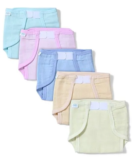 Babyhug Muslin Cotton Reusable Cloth Nappies With Velcro Small Set Of 5 - Assorted
