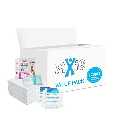 Pixie 120 Disposable Changing Mats with 90 Breast Pad & 180 Water Wipes - Value Pack