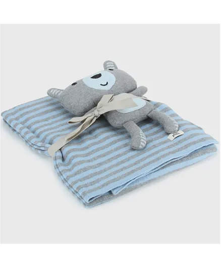 Pluchi Knitted Toy & Blanket Set James Skinny Stripe Cotton Blanket with Bear Toy - Blue