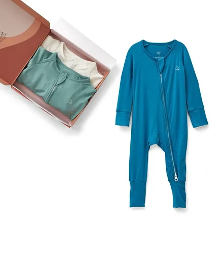 Anvi Baby Bamboo Spandex Zipper Sleepsuit Green White & Blue - 3 Piece