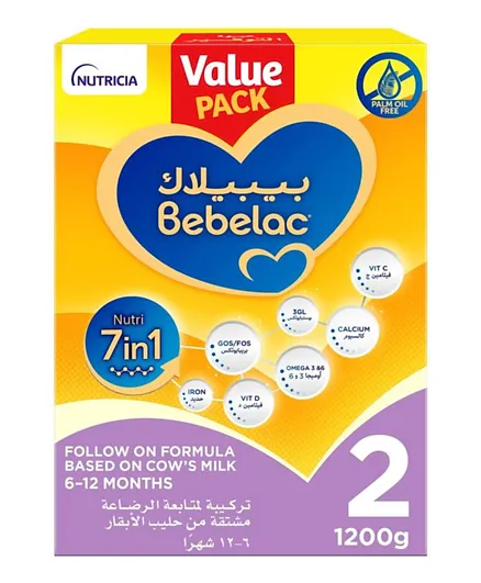 Bebelac Nutri 7In1 Palm Oil Free Follow On Cow's Milk Formula Stage 2 Value Pack - 1200g