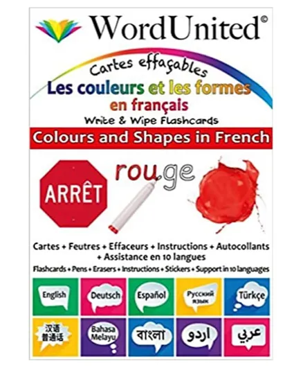Word United Colors & Shapes In French- Write & Wipe Flash Cards - 58 Pages