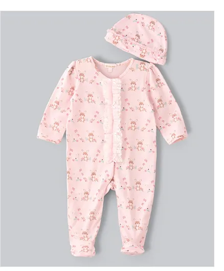 Tiny Hug Full Sleeves Footed Sleepsuit With Cap - Light Pink