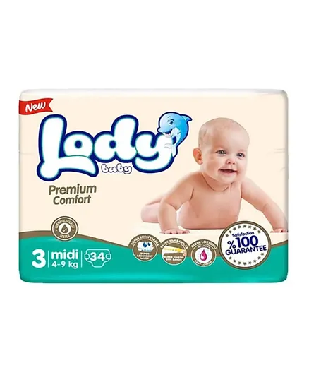 Lody Baby Premium Comfort Diapers Midium Pack Size 3 - 34 Pieces