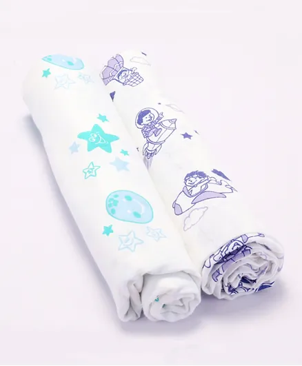 Kaarpas Premium Organic Cotton Muslin Baby Wrap Swaddle with Sky Theme of Moon and Parachute Pack of 2 - Large