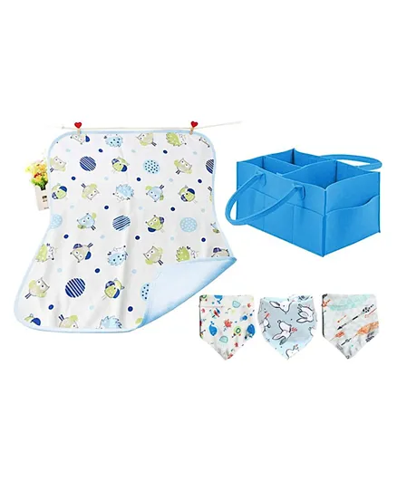 Star Babies Combo Pack of 1 Reusable Mat + Pack of 3 Cotton Bibs + 1 Diaper Caddy Organizer - Blue & White
