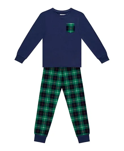 GreenTreat Organic Cotton Checked Sweatshirt & Pyjamas - Green & Navy Blue