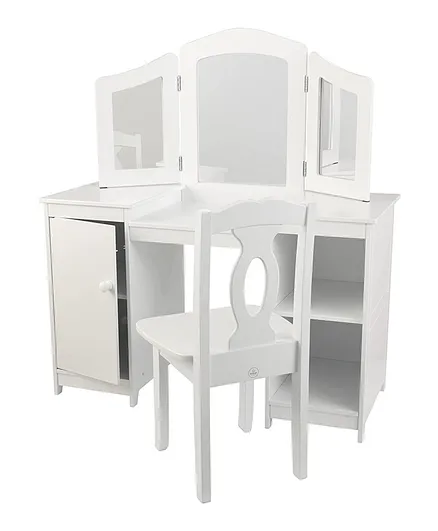 KidKraft Deluxe White Wooden Vanity Table & Chair for Kids with Tri-Fold Mirror and Storage Shelves, Ages 3 Years+