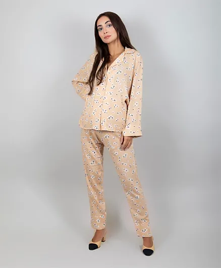 Oh9shop Lola Floral Maternity Pants and Shirts Set - Beige